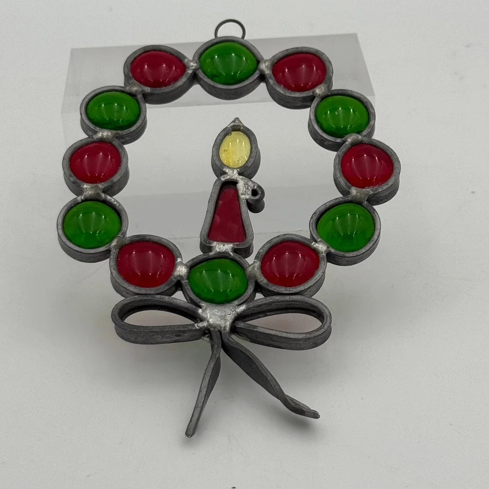 Vintage Stained Glass Christmas Wreath Suncatcher Candle Red Green Holiday Decor